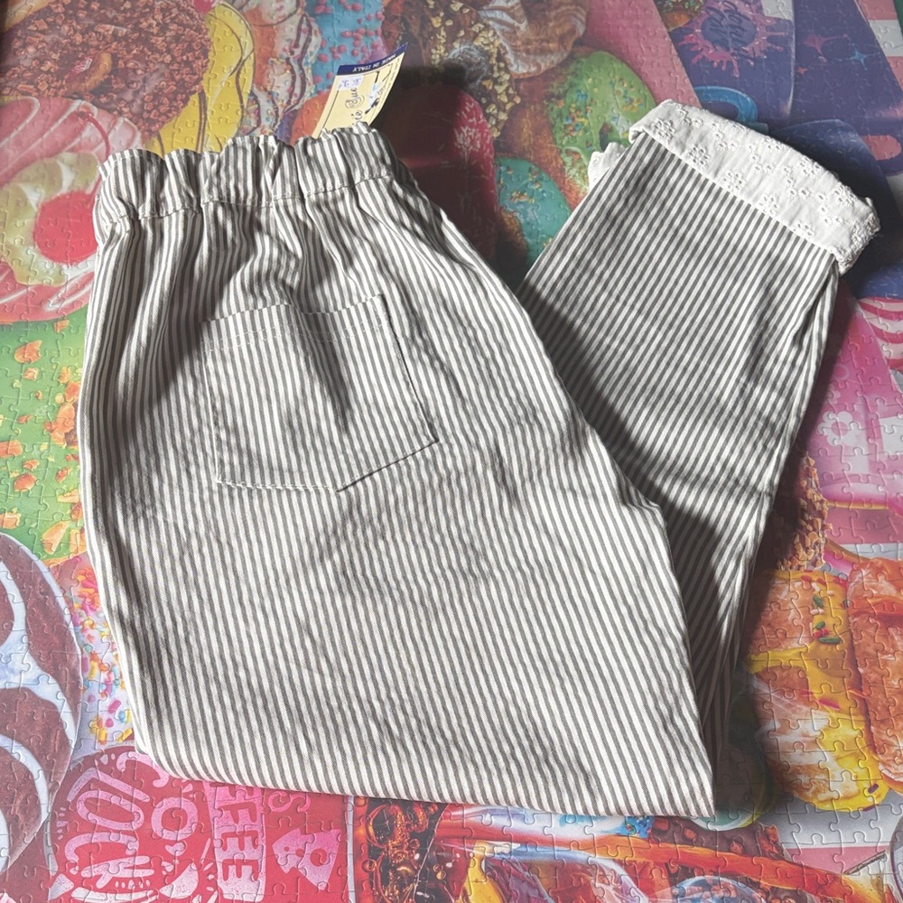 Striped Cotton Blend Lounge Crop Pants Off White & Gray. Made in Italy